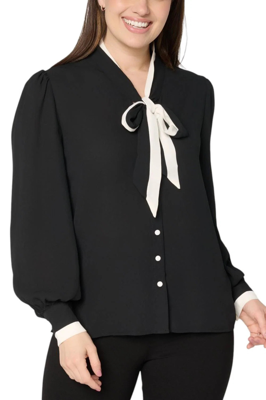 Dennis Basso Women's Two Tone Button Front Blouse w/ Tunic Black/Ivory - Regular